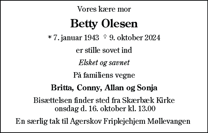 Dødsannonce for Betty Olesen