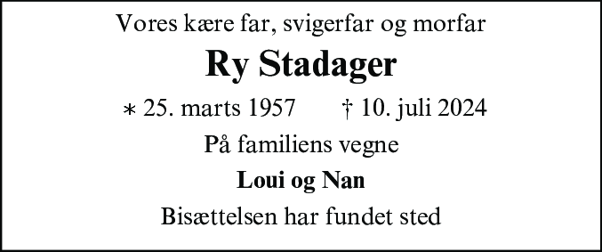 Dødsannonce for Ry Stadager