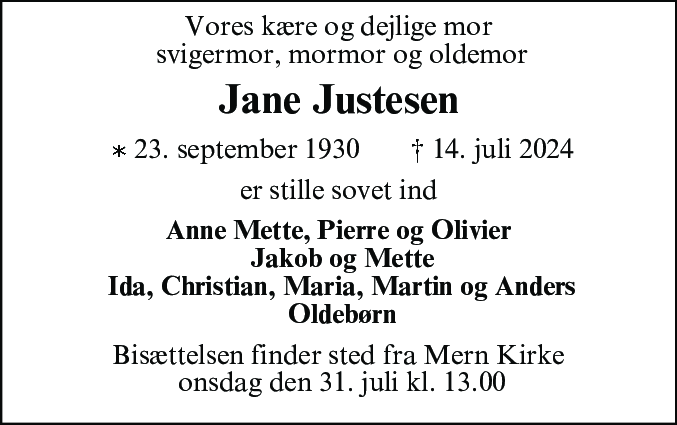 Dødsannonce for Jane Lillian Justesen