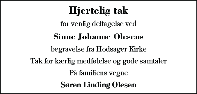Dødsannonce for Sinne Johanne Olesen