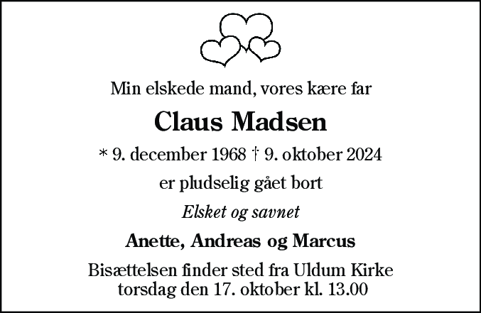 Dødsannonce for Claus Madsen