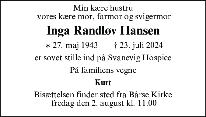 Dødsannonce for Inga Randløv Hansen