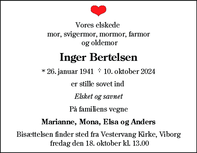 Dødsannonce for Inger Bertelsen