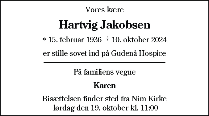 Dødsannonce for Hartvig Jakobsen