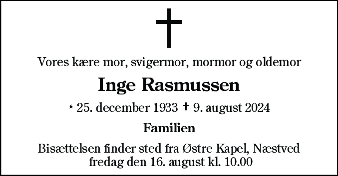 Dødsannonce for Inge Rasmussen
