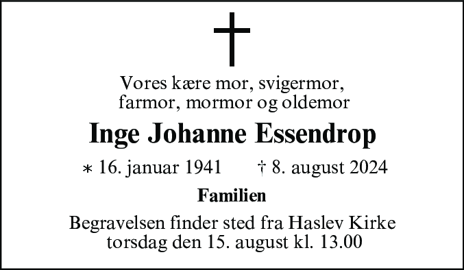 Dødsannonce for Inge Johanne Essendrop
