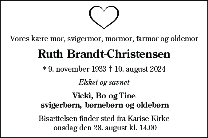 Dødsannonce for Ruth Dorthea Brandt-Christensen
