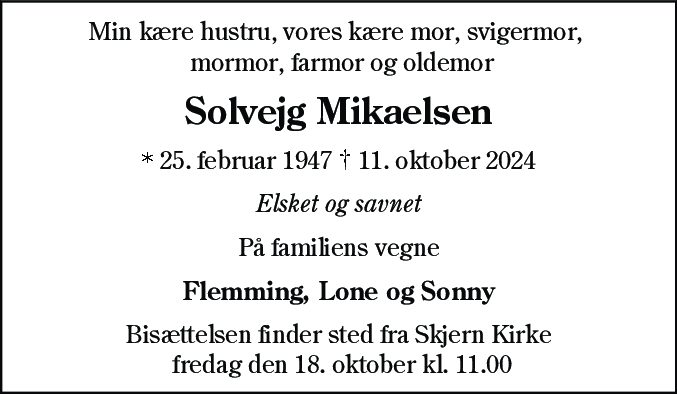 Dødsannonce for Solvejg Mikaelsen