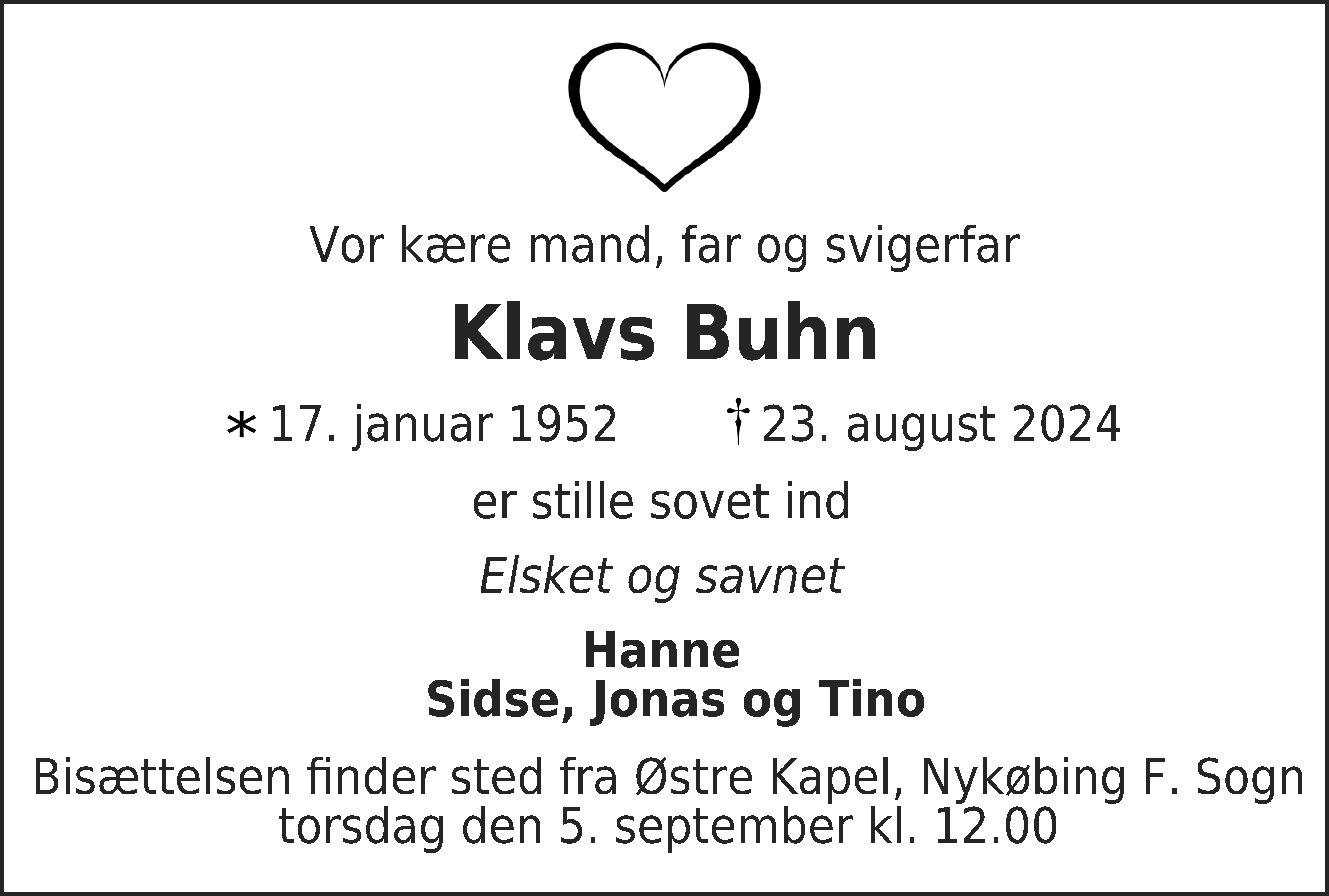 Dødsannonce for Klavs Buhn