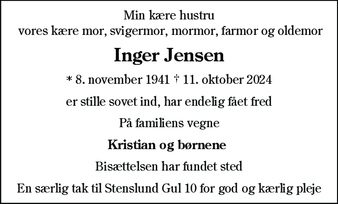 Dødsannonce for Inger Jensen