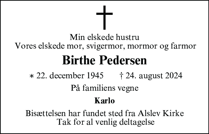Dødsannonce for Birthe Marie Pedersen