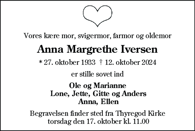 Dødsannonce for Anna Margrethe Iversen