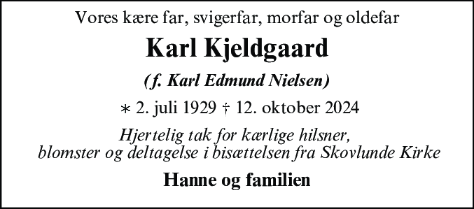 Dødsannonce for Karl Kjeldgaard