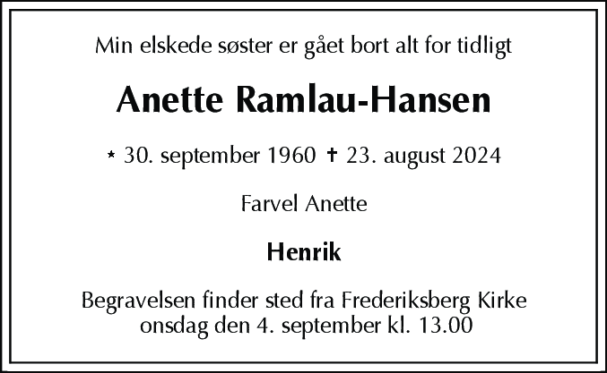 Dødsannonce for Anette Ramlau-Hansen