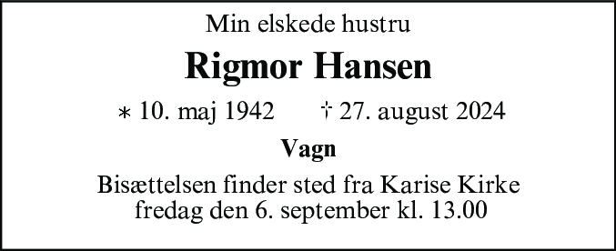 Dødsannonce for Rigmor Hansen