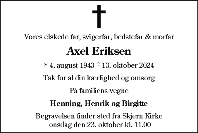 Dødsannonce for Axel Eriksen
