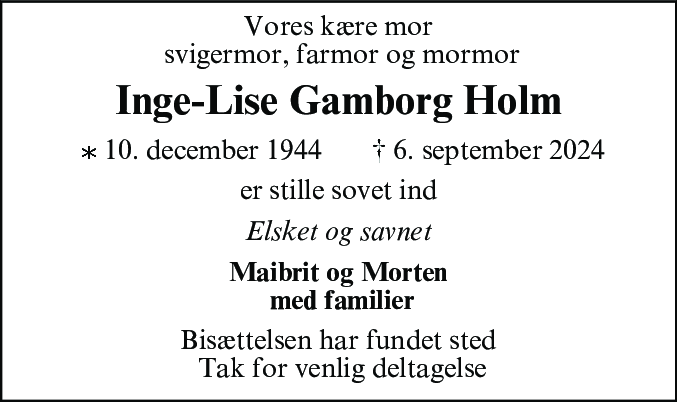 Dødsannonce for Inge-Lise Gamborg Holm