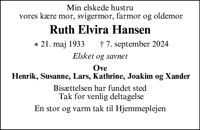 Dødsannonce for Ruth Elvira Hansen