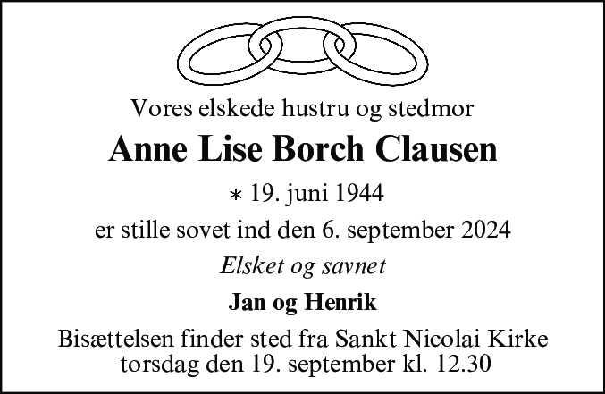 Dødsannonce for Anne Lise Borch Clausen