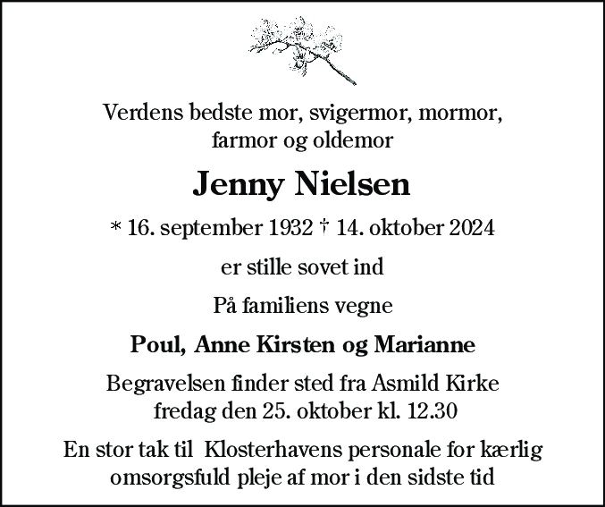 Dødsannonce for Jenny Nielsen