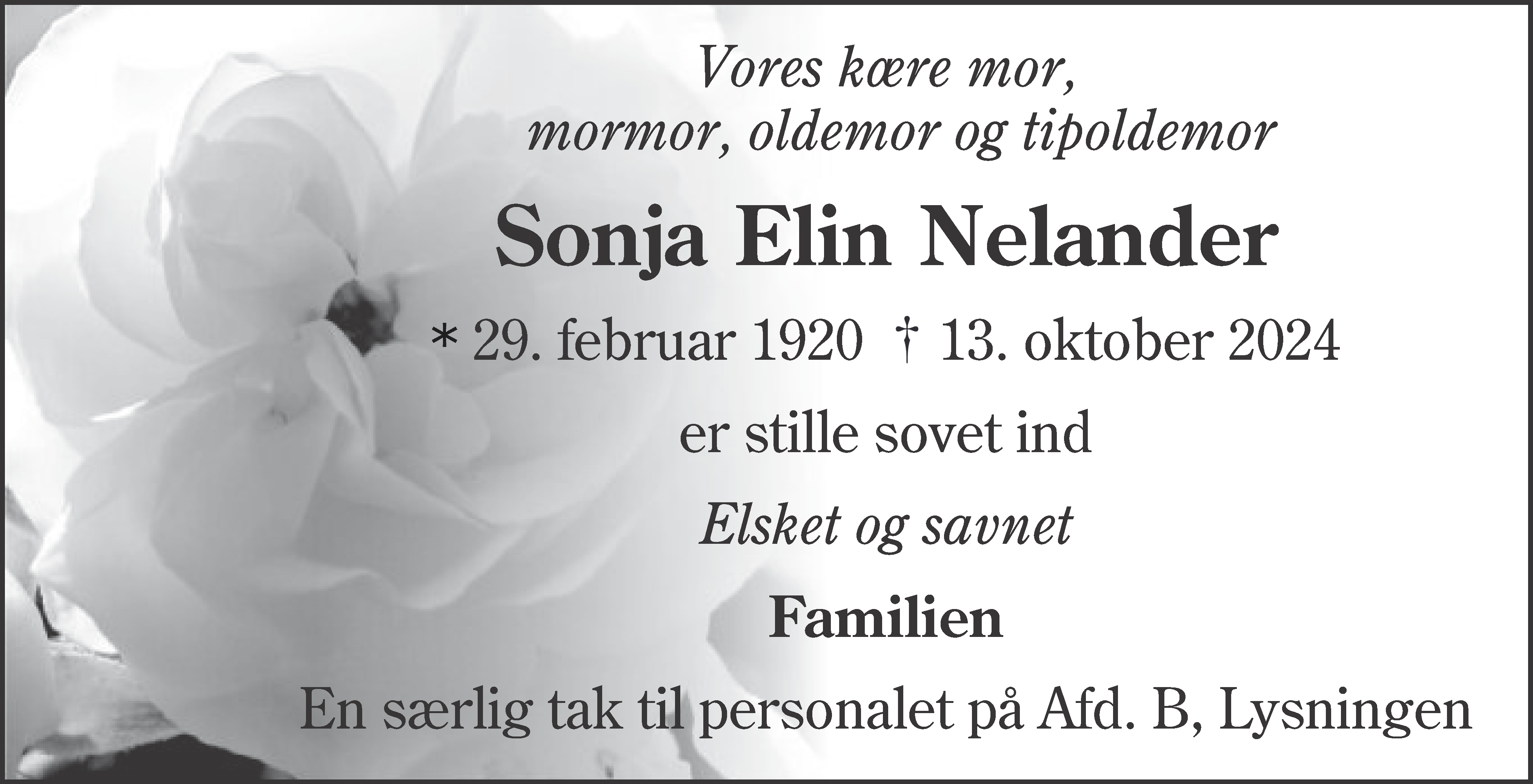 Dødsannonce for Sonja Elin Nelander