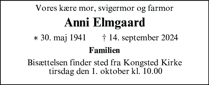 Dødsannonce for Anni Elmgaard