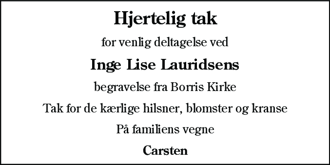 Dødsannonce for Inge Lise Lauridsen