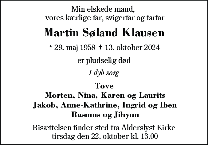 Dødsannonce for Martin Søland Klausen