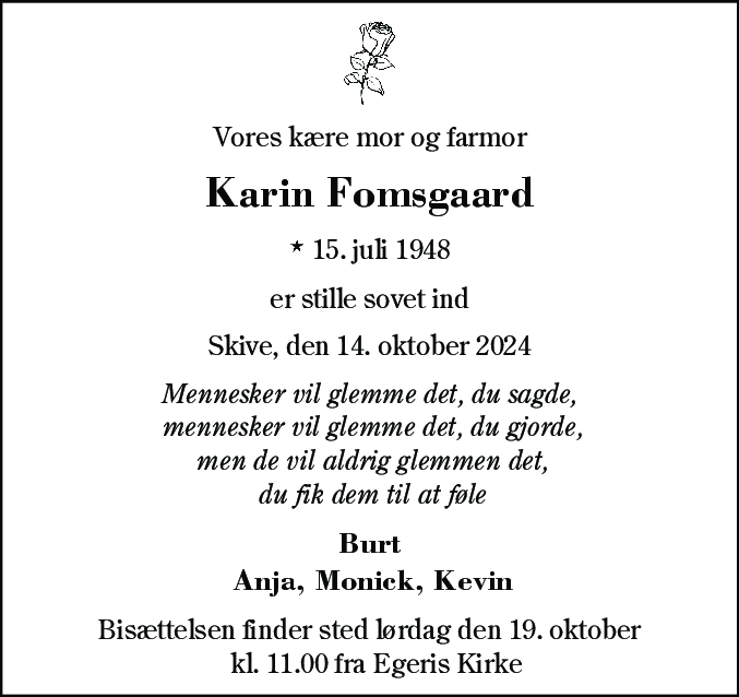 Dødsannonce for Karin Fomsgaard
