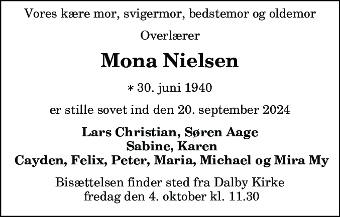 Dødsannonce for Mona Nielsen