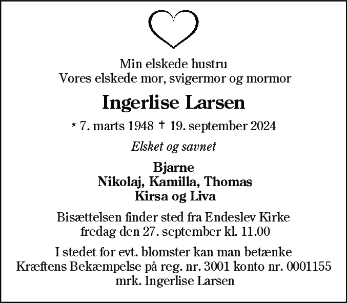 Dødsannonce for Ingerlise Larsen