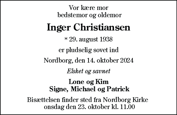 Dødsannonce for Inger Christiansen