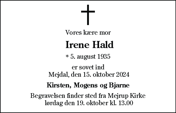 Dødsannonce for Ellen Irene Hald