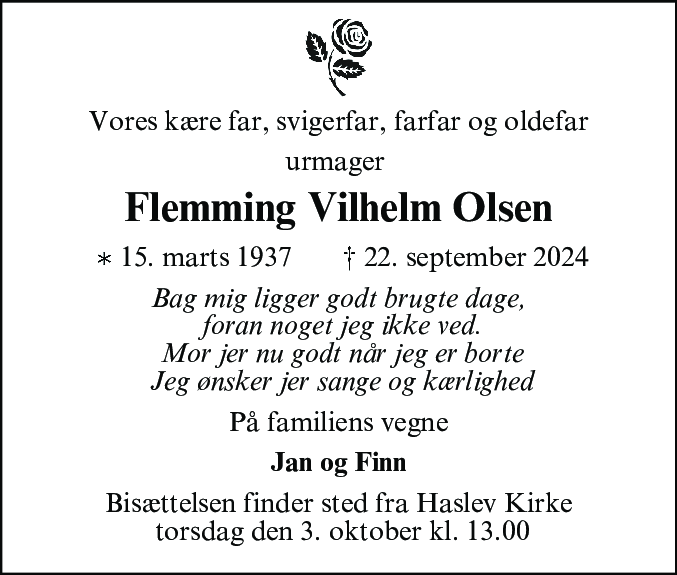 Dødsannonce for Flemming Vilhelm Olsen