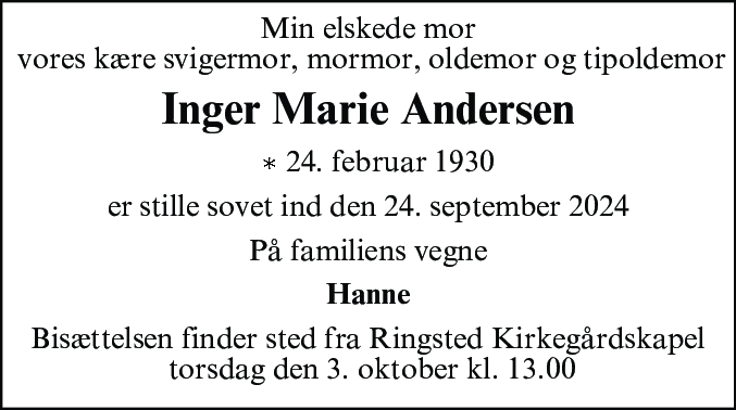 Dødsannonce for Inger Marie Andersen