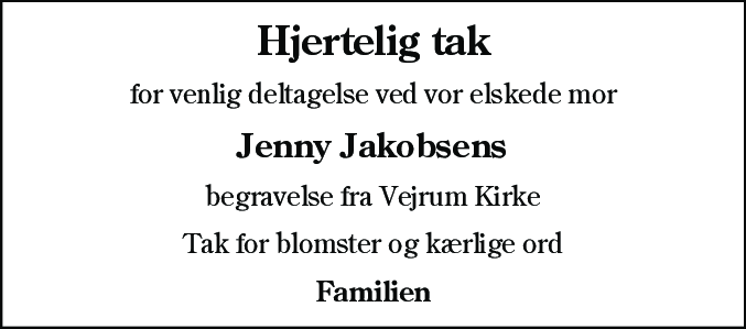 Dødsannonce for Jenny Jakobsen