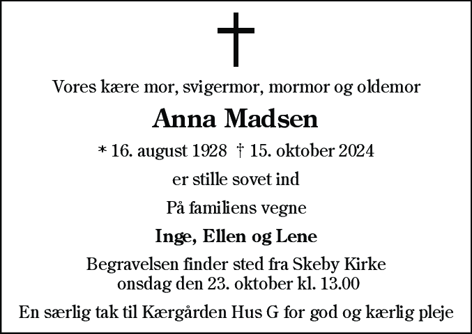 Dødsannonce for Anna Bodil Kristensen Madsen