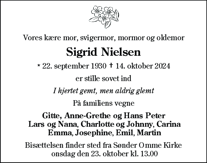 Dødsannonce for Sigrid Nielsen
