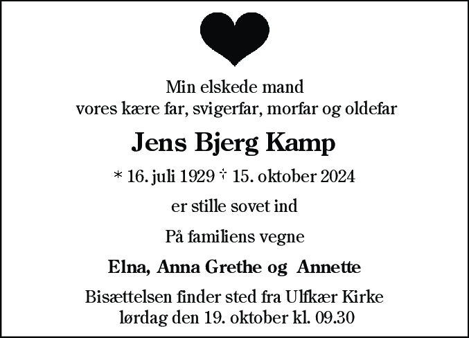 Dødsannonce for Jens Bjerg Kamp
