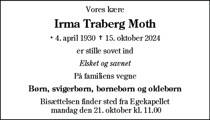 Dødsannonce for Irma Traberg Moth