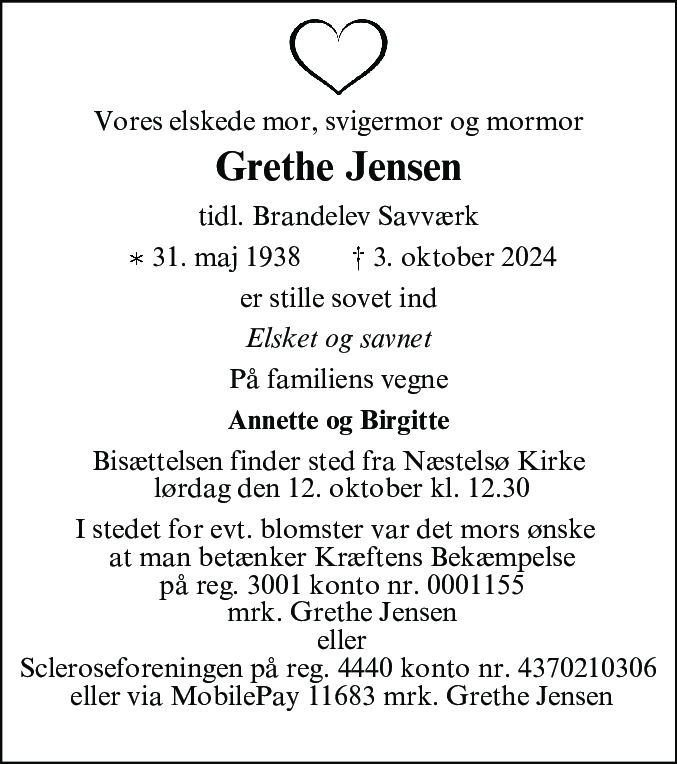 Dødsannonce for Grethe Jensen