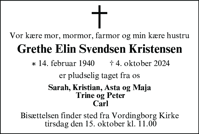 Dødsannonce for Grethe Elin Svendsen Kristensen