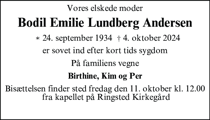 Dødsannonce for Bodil Emilie Lundberg Andersen