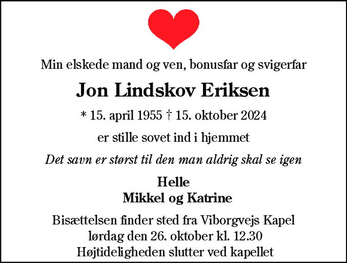 Dødsannonce for Jon Lindskov Eriksen