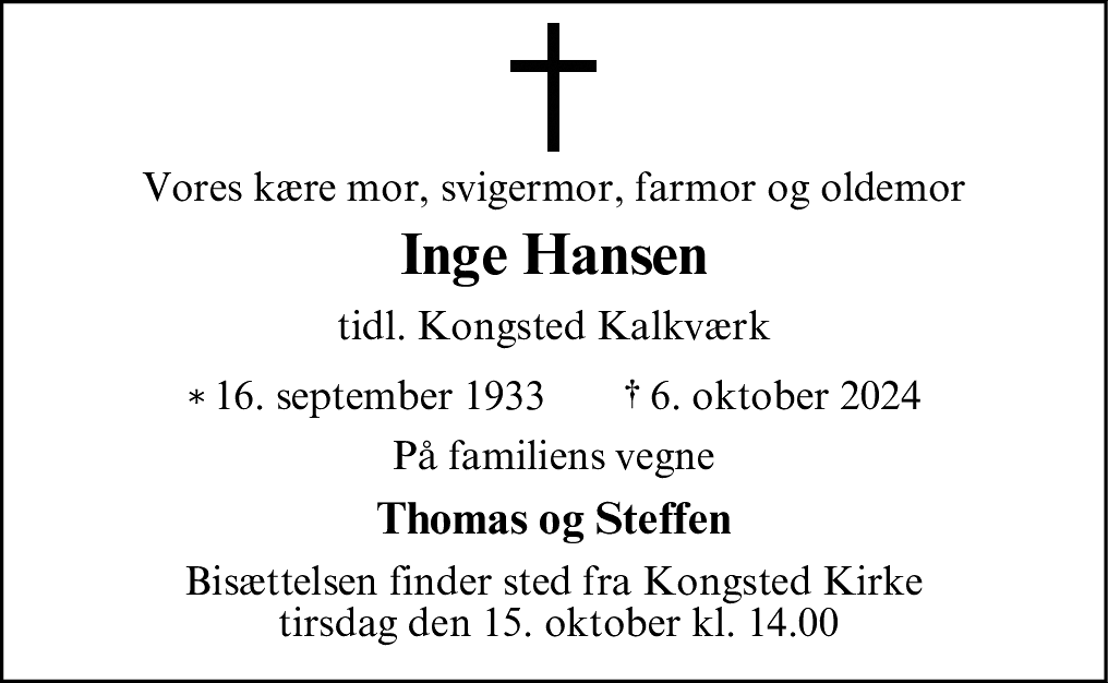 Dødsannonce for Inge Hansen