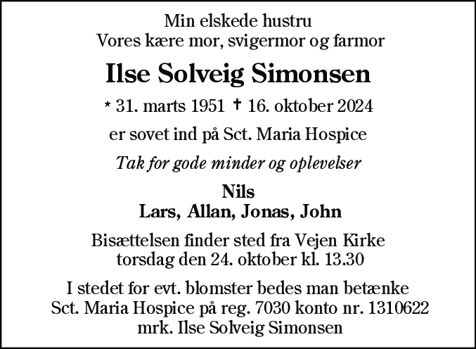 Dødsannonce for Ilse Solveig Simonsen