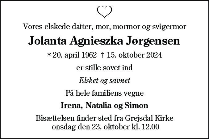 Dødsannonce for Jolanta Agnieszka Jørgensen