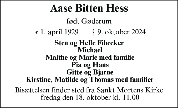 Dødsannonce for Aase Bitten Hess