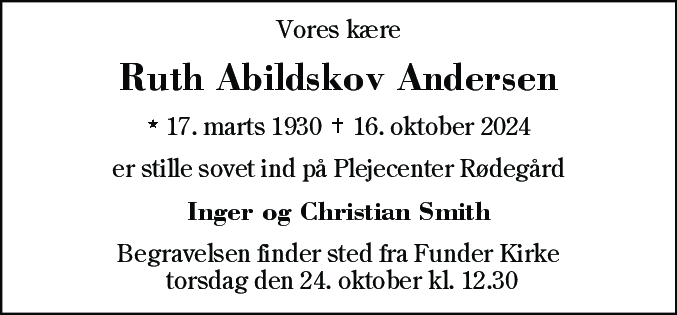 Dødsannonce for Ruth Abildskov Andersen