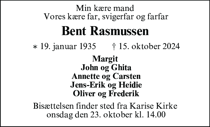 Dødsannonce for Bent Rasmussen